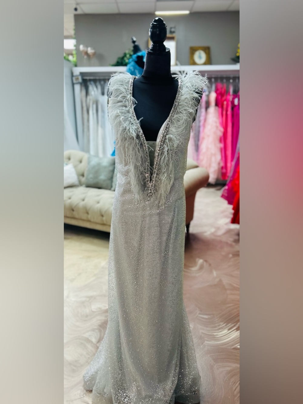 Silver Feather-Trim V-Neck Prom Dress